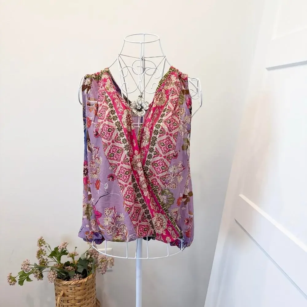 The prettiest free people boho floral gathered wrap v neck blouse